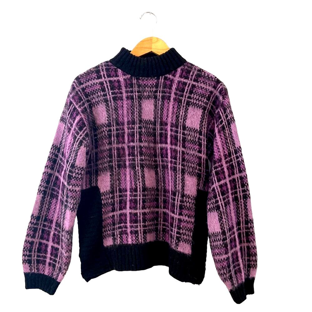 Nine West Women's Plaid Mock Neck Fuzzy Sweater Purple Black Small Cozy Chunky